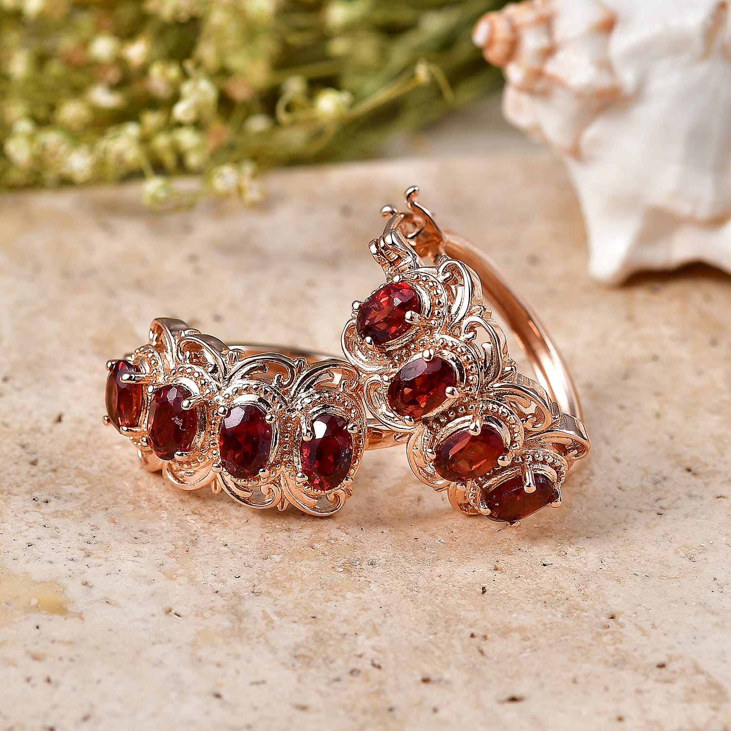 EverTrue Mozambique Garnet 4.50 ctw Royal Filigree Vintage Hoop Earrings in 14K RG Over Copper