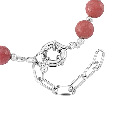 Norwegian Thulite 58.00 ctw and Silvertone Beaded Stretch Bracelet (7-9In)