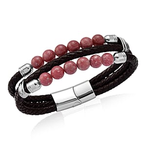 Norwegian Thulite 75.00 ctw Beaded and Genuine Leather Bracelet in Stainless Steel (6.75 In)