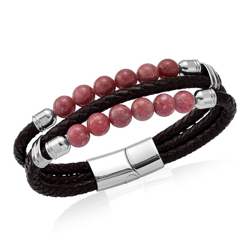 Norwegian Thulite 75.00 ctw Beaded and Genuine Leather Bracelet in Stainless Steel (6.75 In)