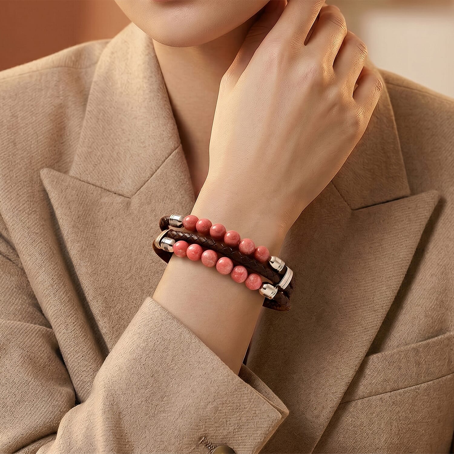 Norwegian Thulite 75.00 ctw Beaded and Genuine Leather Bracelet in Stainless Steel (6.75 In)