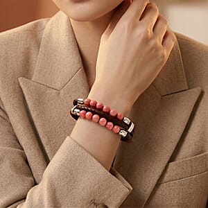 Norwegian Thulite 75.00 ctw Beaded and Genuine Leather Bracelet in Stainless Steel (6.75 In)
