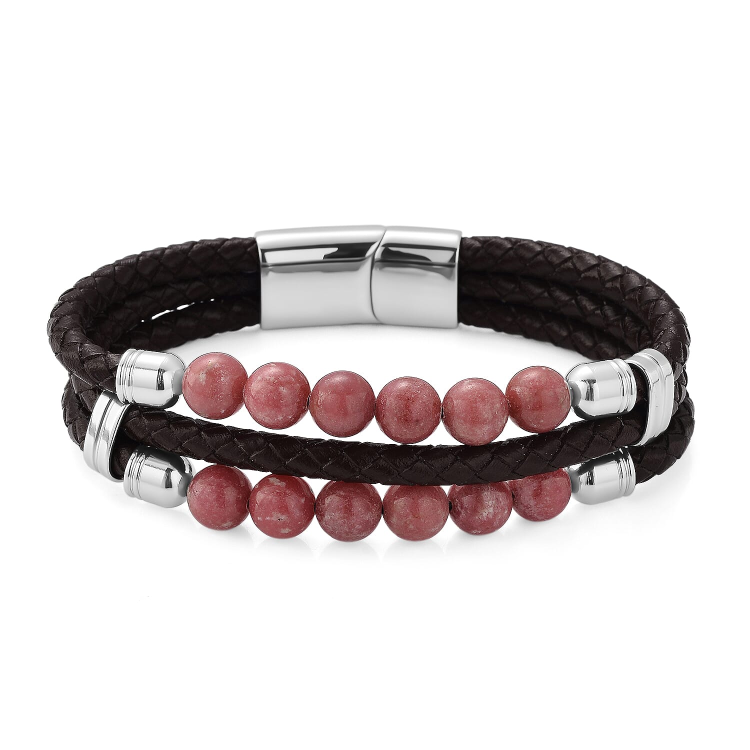 Norwegian Thulite 75.00 ctw Beaded and Genuine Leather Bracelet in Stainless Steel (6.75 In)