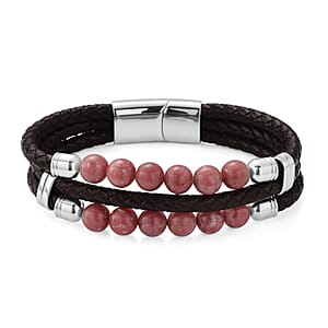 Norwegian Thulite 75.00 ctw Beaded and Genuine Leather Bracelet in Stainless Steel (6.75 In)