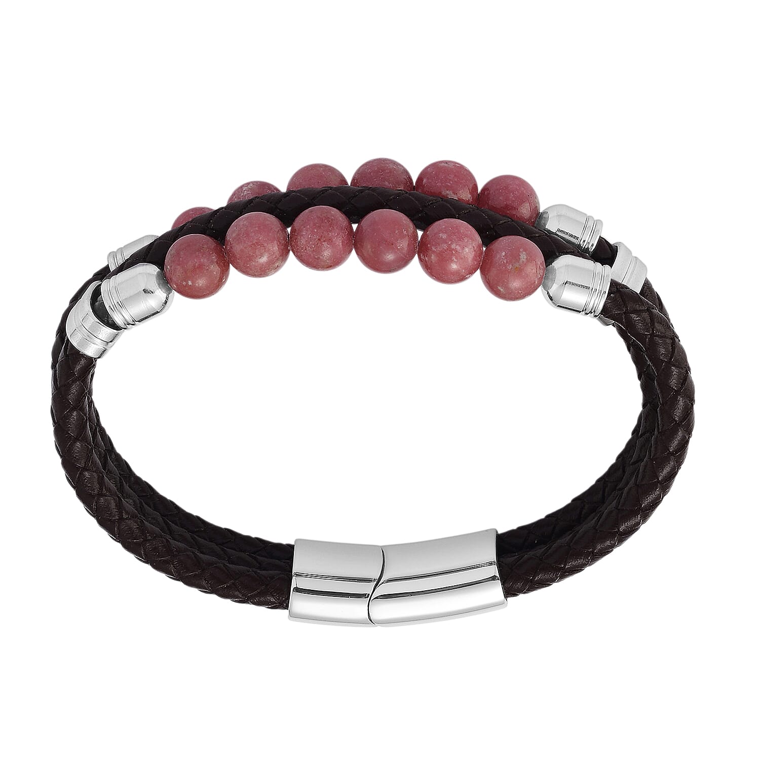 Norwegian Thulite 75.00 ctw Beaded and Genuine Leather Bracelet in Stainless Steel (6.75 In)