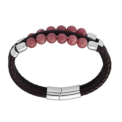 Norwegian Thulite 75.00 ctw Beaded and Genuine Leather Bracelet in Stainless Steel (6.75 In)