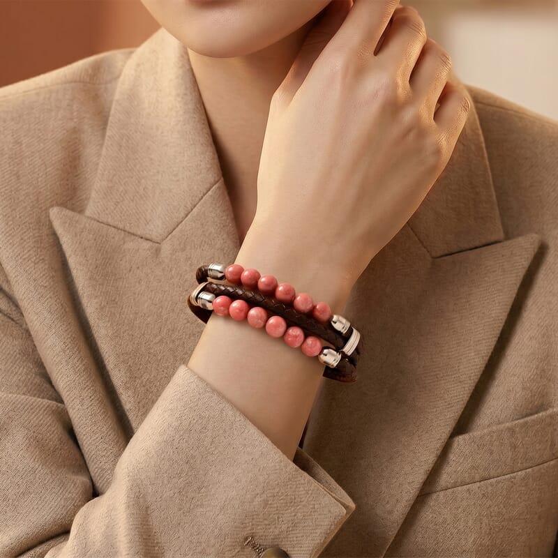 Norwegian Thulite 75.00 ctw Beaded and Genuine Leather Bracelet in Stainless Steel (7.75 In)