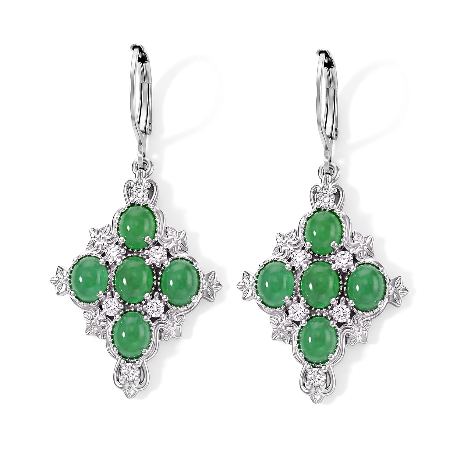 EverTrue Premium Green Jade (D) and White Zircon 5.20 ctw Earrings in 18K YG Plated and Platinum Bond