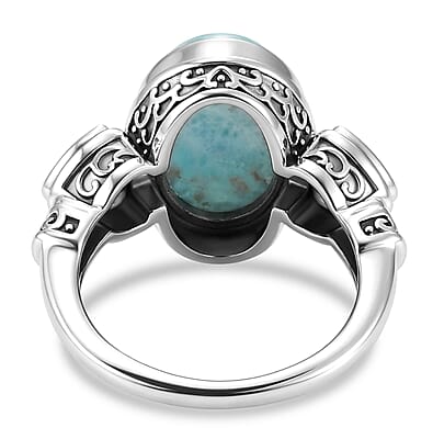 D'Joy Artisan Crafted AAA Larimar and Sky Blue Topaz 8.30 ctw Seafoam Trio Ring in Sterling Silver (Size 10.0)