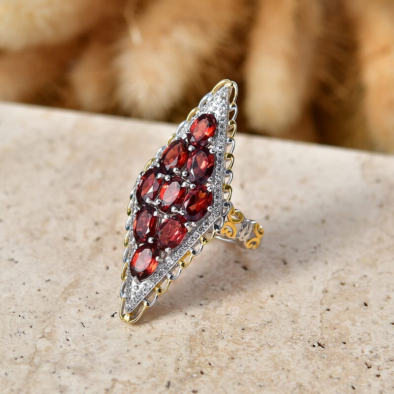 EverTrue Mozambique Garnet and White Zircon 5.25 ctw Ring in 18K YG Plated and Platinum Bond (Size 6.0)