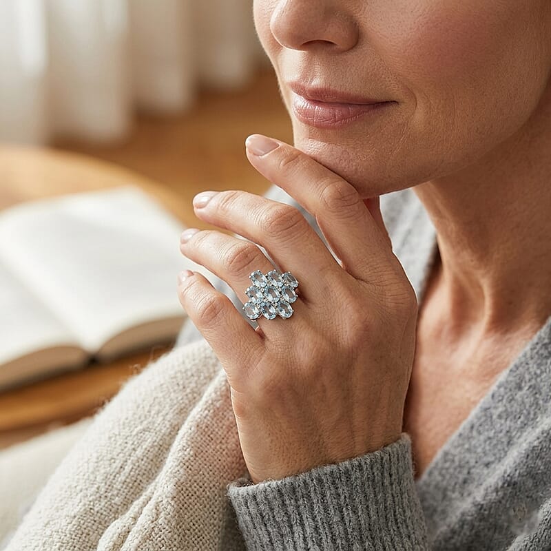 EverTrue Sky Blue Topaz and White Zircon 10.00 ctw Cluster Ring in Platinum Bond (Size 7.0)