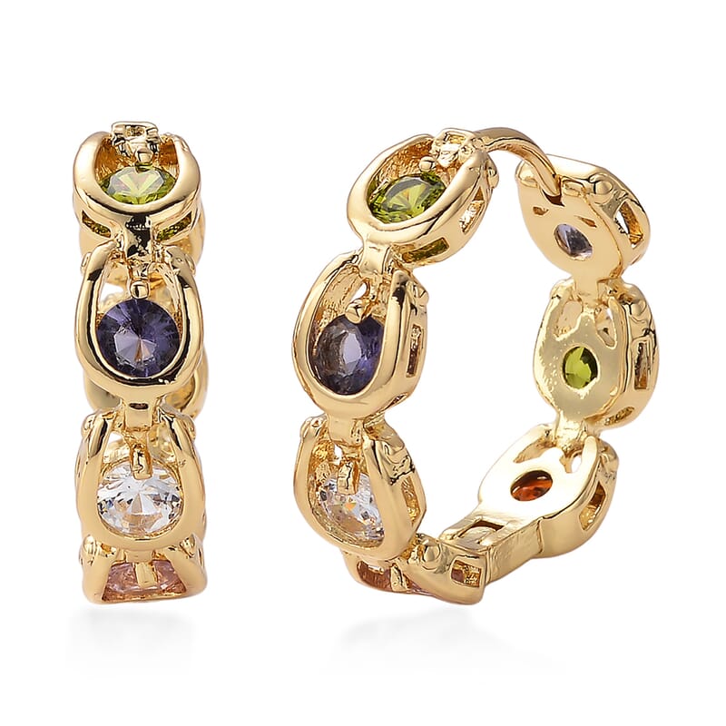 Simulated Multi Color Diamond Hoop Earrings in Goldtone