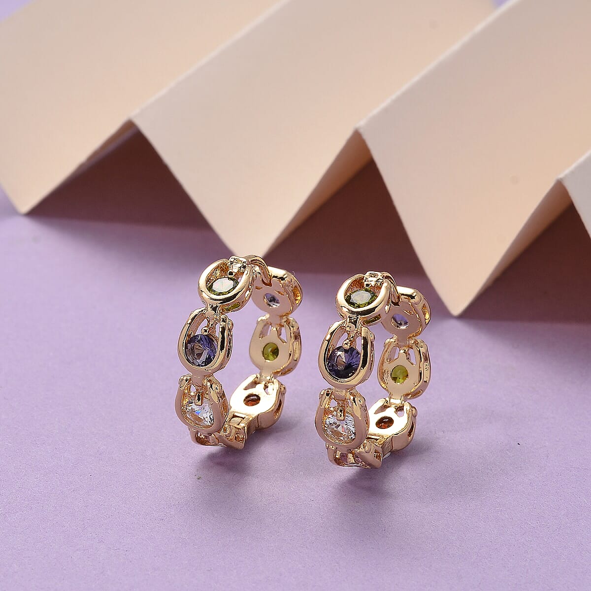 Simulated Multi Color Diamond Hoop Earrings in Goldtone image number 1