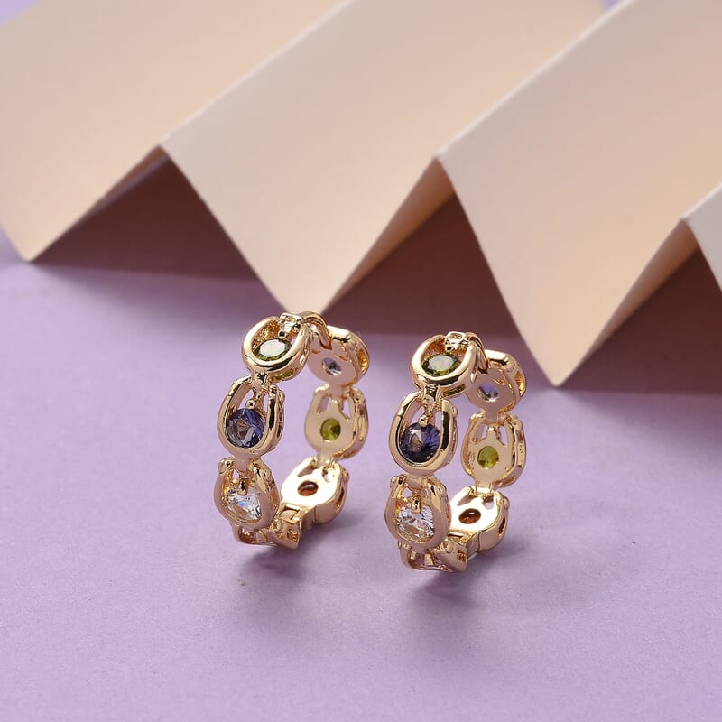 Simulated Multi Color Diamond Hoop Earrings in Goldtone