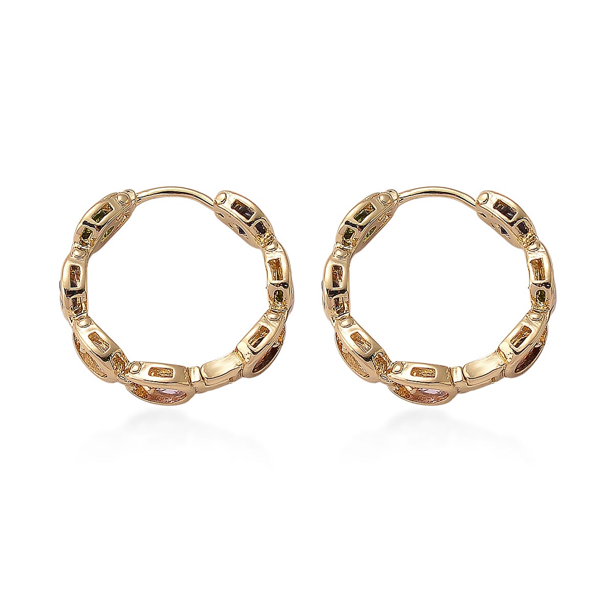 Simulated Multi Color Diamond Hoop Earrings in Goldtone image number 3