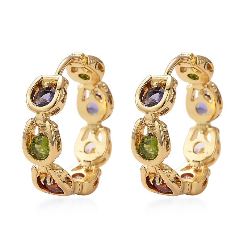 Simulated Multi Color Diamond Hoop Earrings in Goldtone