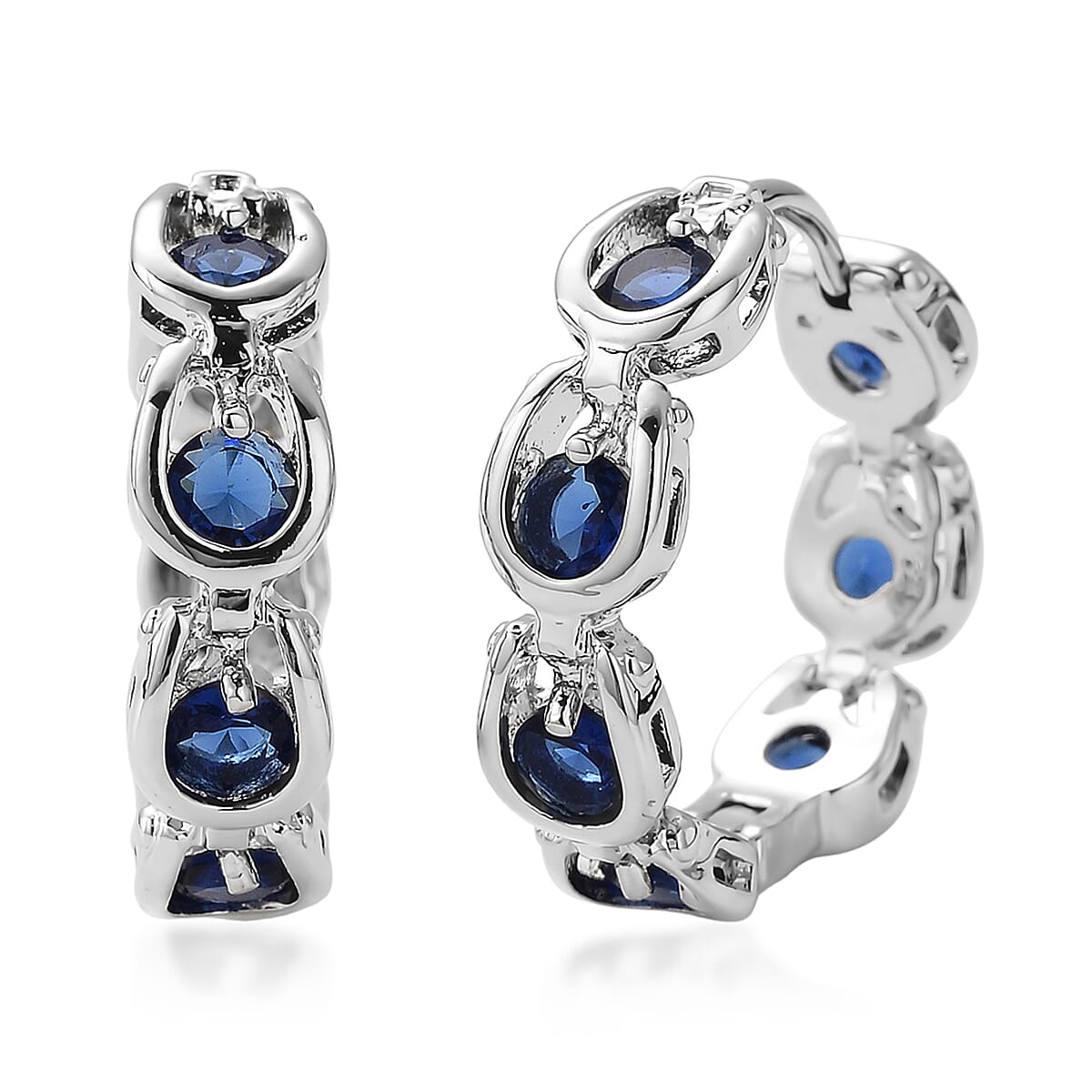 Simulated Blue Sapphire Hoop Earrings in Silvertone