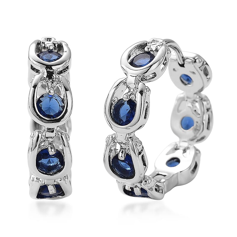 Simulated Blue Sapphire Hoop Earrings in Silvertone