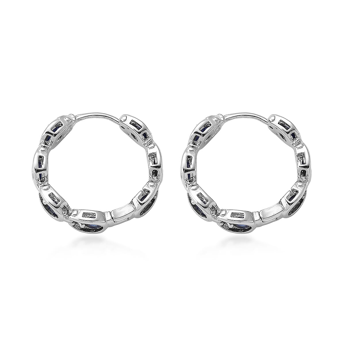 Simulated Blue Sapphire Hoop Earrings in Silvertone