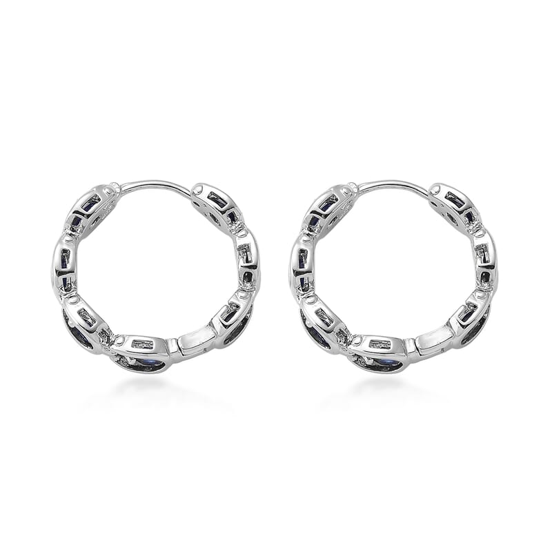 Simulated Blue Sapphire Hoop Earrings in Silvertone