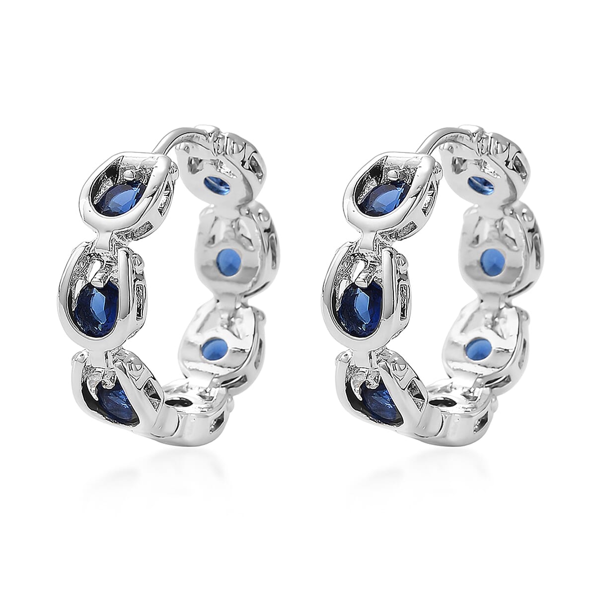 Simulated Blue Sapphire Hoop Earrings in Silvertone