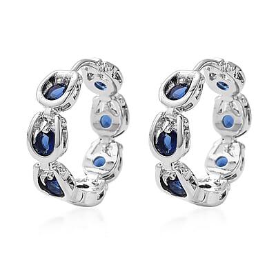 Simulated Blue Sapphire Hoop Earrings in Silvertone