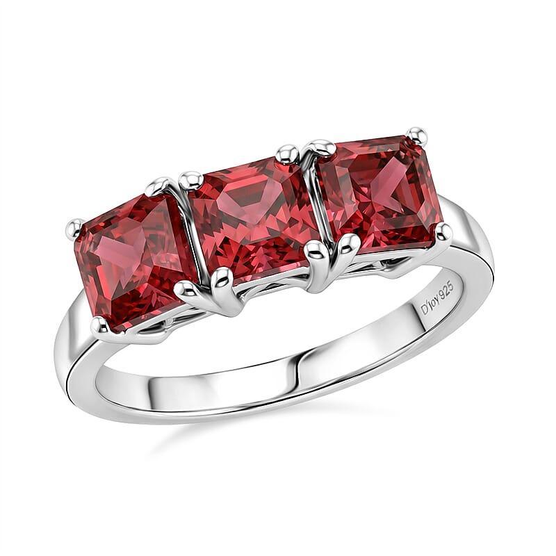D'Joy Asscher Cut Lab Created Padparadscha Sapphire 3.00 ctw Trilogy Ring in Rhodium Over Sterling Silver (Size  6.0)