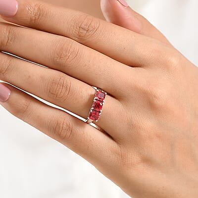 D'Joy Asscher Cut Lab Created Padparadscha Sapphire 3.00 ctw Trilogy Ring in Rhodium Over Sterling Silver (Size  6.0)