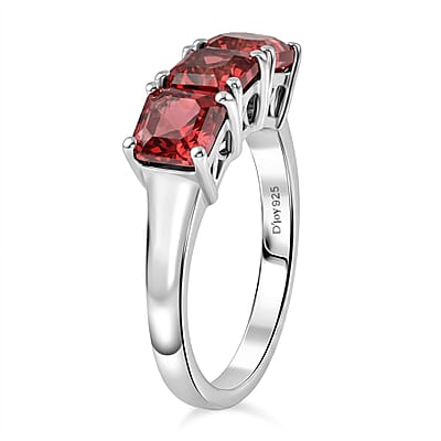 D'Joy Asscher Cut Lab Created Padparadscha Sapphire 3.00 ctw Trilogy Ring in Rhodium Over Sterling Silver (Size  6.0)