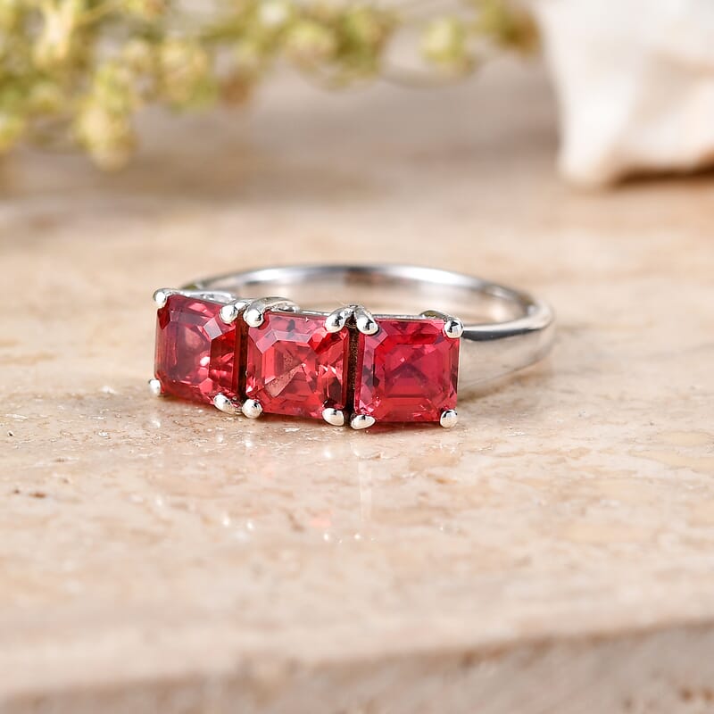 D'Joy Asscher Cut Lab Created Padparadscha Sapphire 3.00 ctw Trilogy Ring in Rhodium Over Sterling Silver (Size  8.0)