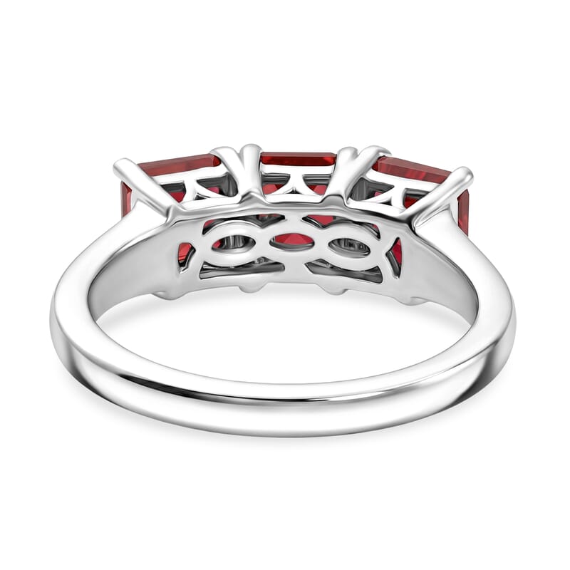 D'Joy Asscher Cut Lab Created Padparadscha Sapphire 3.00 ctw Trilogy Ring in Rhodium Over Sterling Silver (Size  8.0)