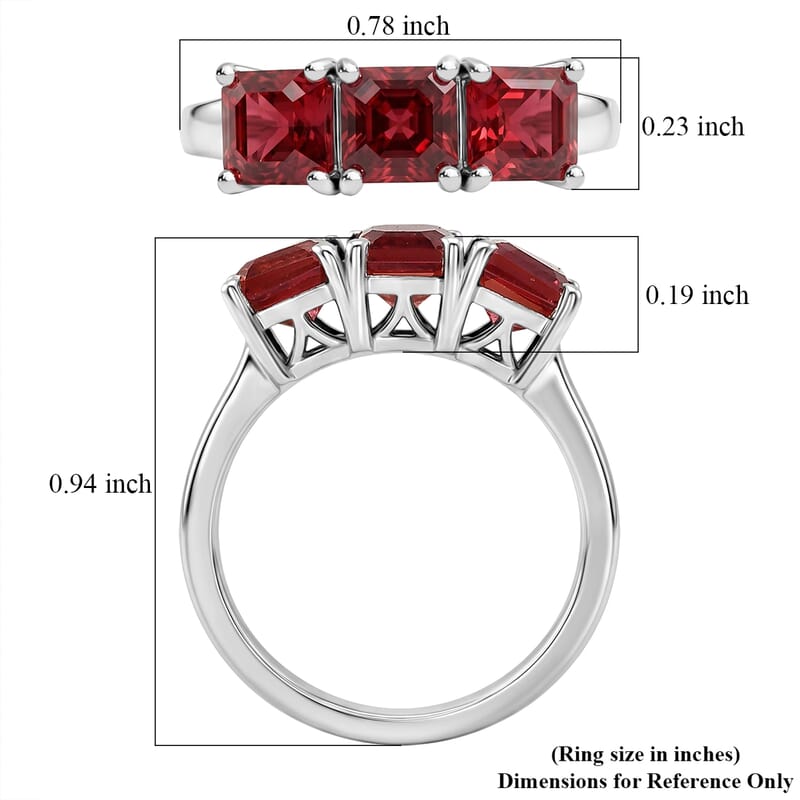 D'Joy Asscher Cut Lab Created Padparadscha Sapphire 3.00 ctw Trilogy Ring in Rhodium Over Sterling Silver (Size  8.0)