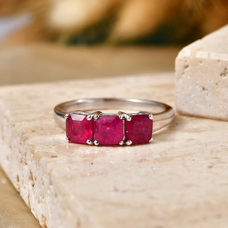 D'Joy Asscher Cut Pink Ruby 2.60 ctw Trilogy Ring in Rhodium Over Sterling Silver (Size  7.0)