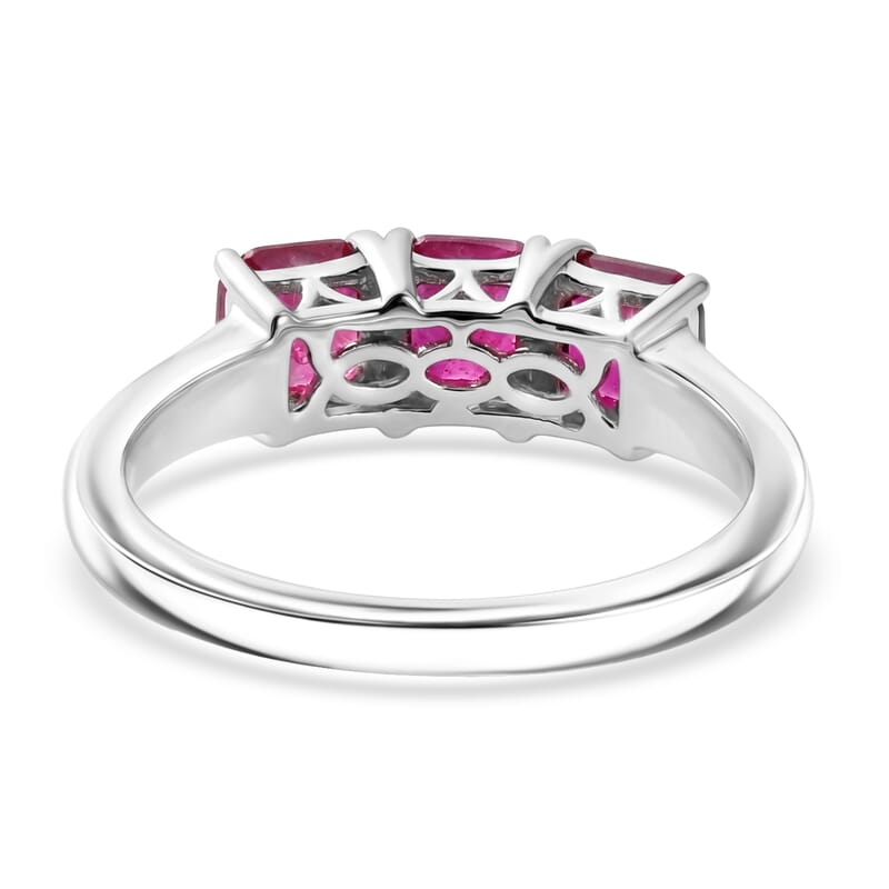 D'Joy Asscher Cut Pink Ruby 2.60 ctw Trilogy Ring in Rhodium Over Sterling Silver (Size  7.0)