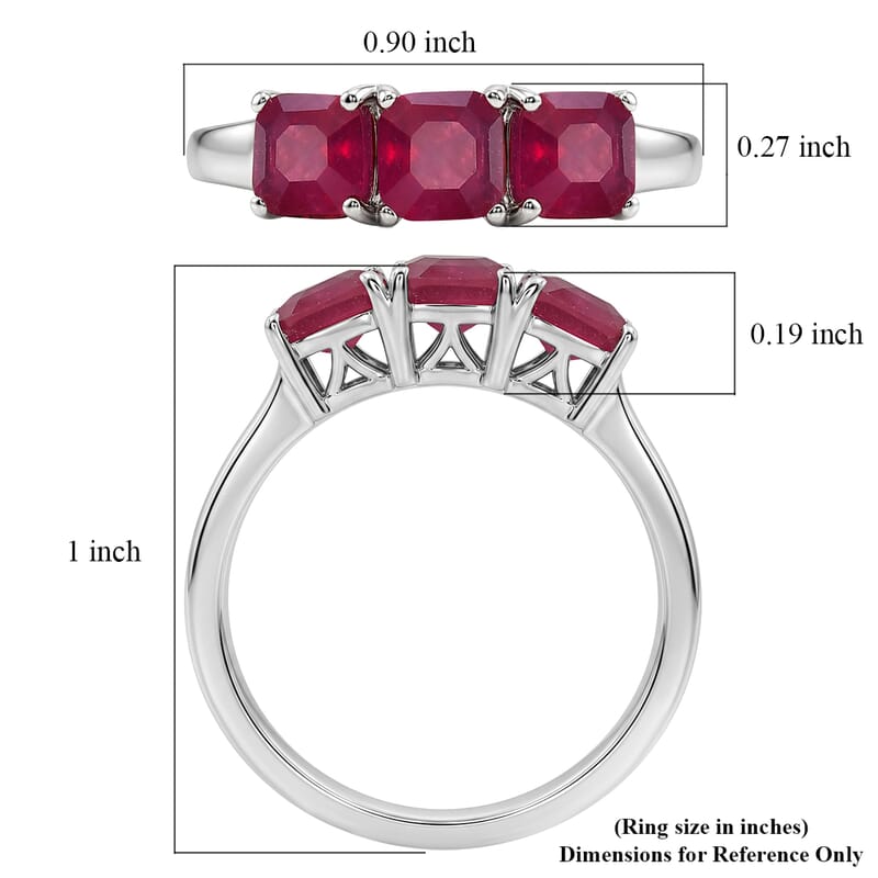 D'Joy Asscher Cut Pink Ruby 2.60 ctw Trilogy Ring in Rhodium Over Sterling Silver (Size  7.0)