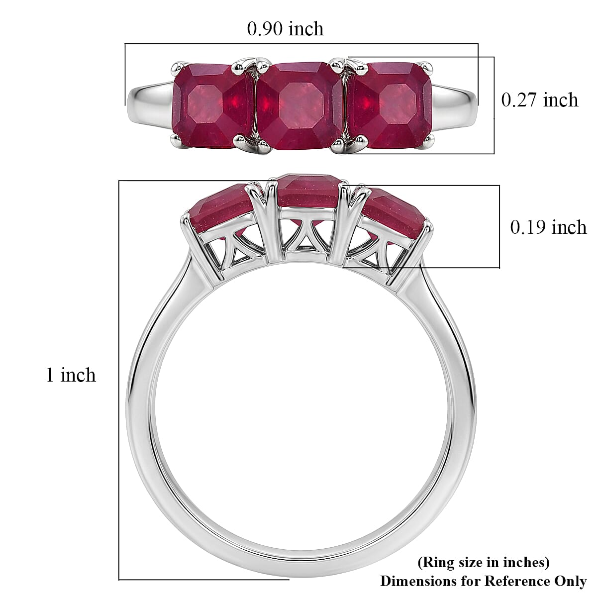 D'Joy Asscher Cut Pink Ruby 2.60 ctw Trilogy Ring in Rhodium Over Sterling Silver (Size  8.0)