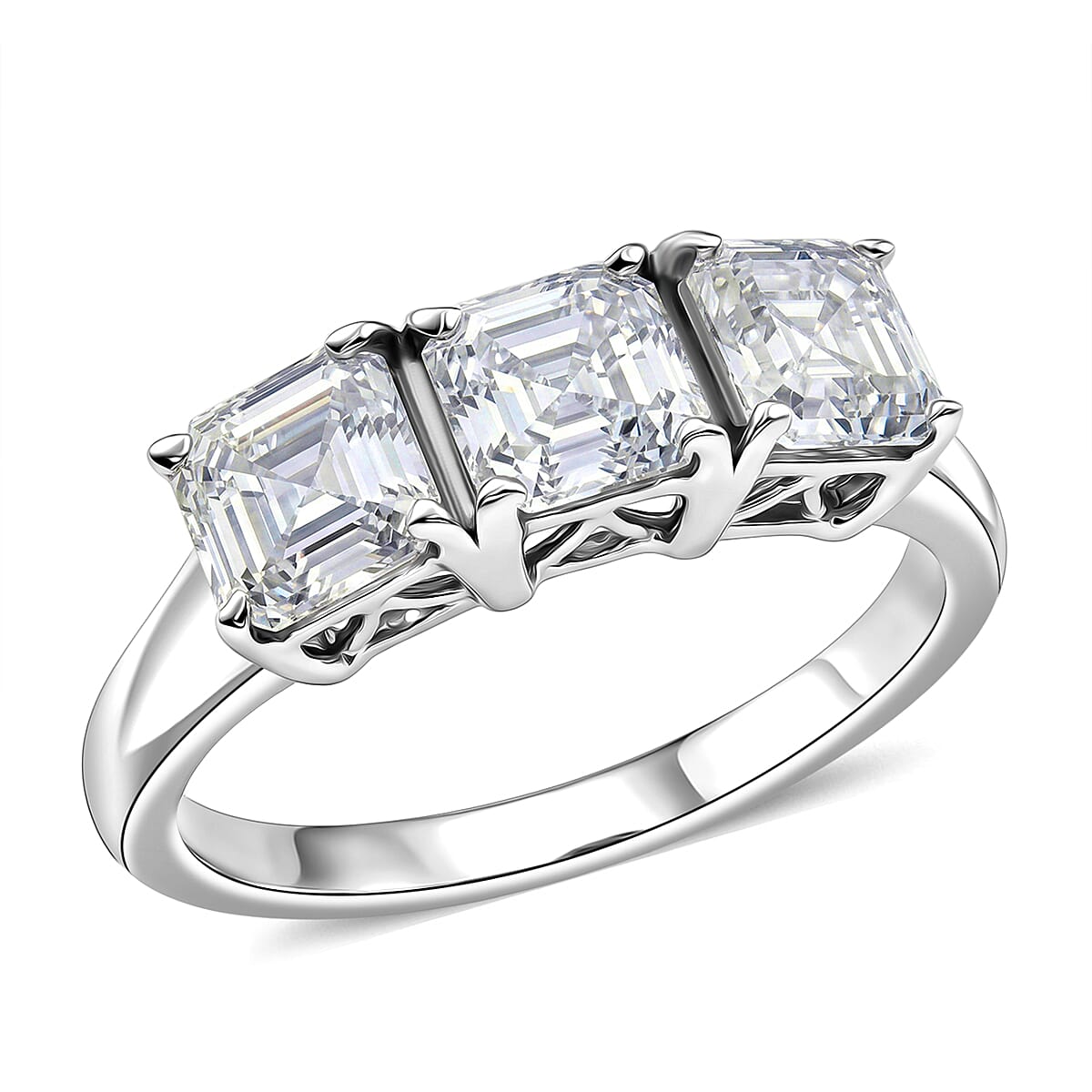 D'Joy Asscher cut Moissanite 1.85 ctw 3 Stone Ring in Rhodium Over Sterling Silver (Size  9.0)