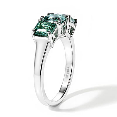 D'Joy Asscher Cut Blue Moissanite 2.00 ctw Trilogy Ring in Rhodium Over Sterling Silver (Size 6.0)