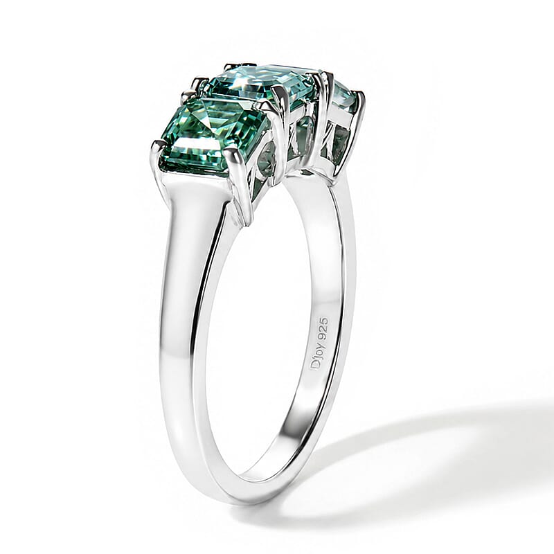 D'Joy Asscher Cut Blue Moissanite 2.00 ctw Trilogy Ring in Rhodium Over Sterling Silver (Size 6.0)