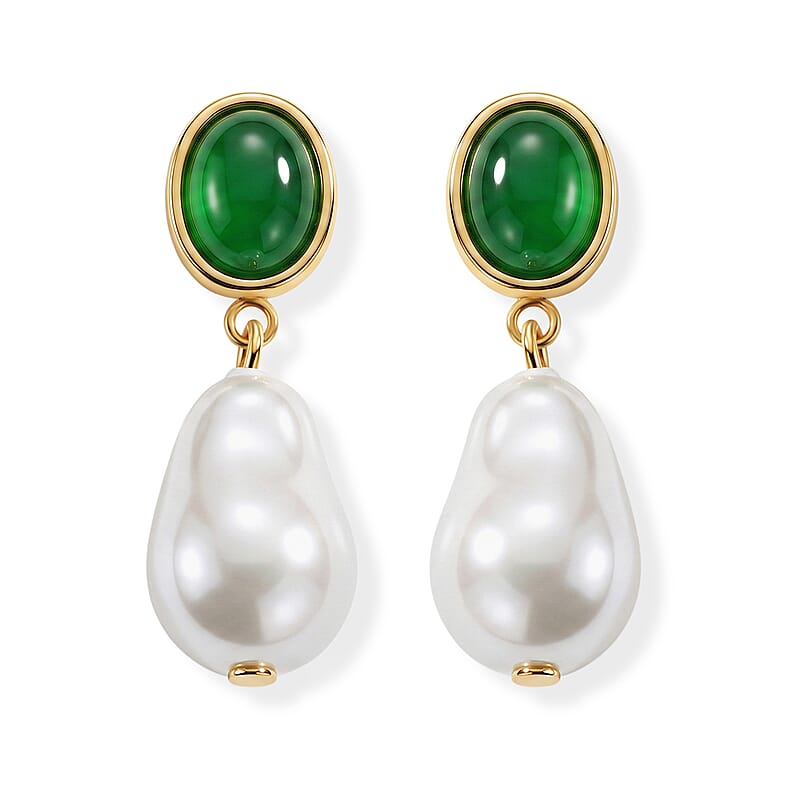Green Onyx and White Shell Pearl 20.00 ctw Beaded Earrings in Stainless Steel