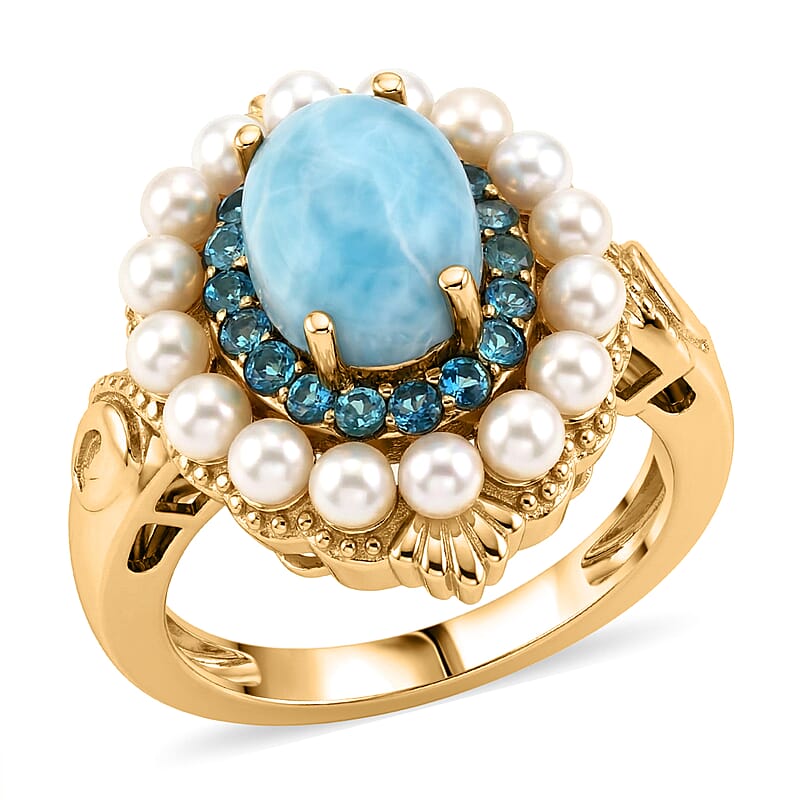D'Joy AAA Larimar and Multi Gemstone 2.75 ctw Ocean Bloom Halo Ring in 18K Vermeil Yellow Gold Over Sterling Silver (Size 6.0)