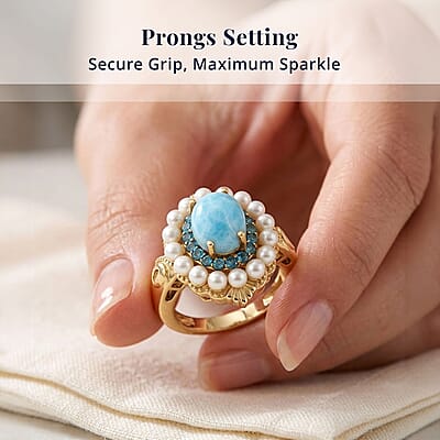 D'Joy AAA Larimar and Multi Gemstone 2.75 ctw Ocean Bloom Halo Ring in 18K Vermeil Yellow Gold Over Sterling Silver (Size 6.0)