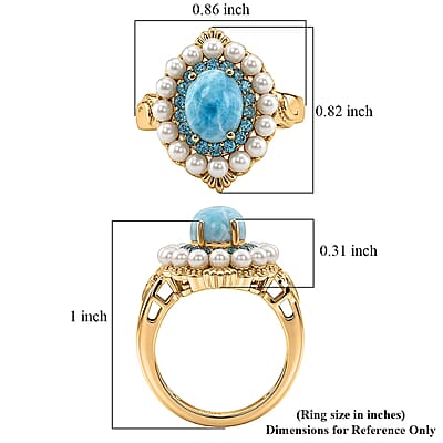 D'Joy AAA Larimar and Multi Gemstone 2.75 ctw Ocean Bloom Halo Ring in 18K Vermeil Yellow Gold Over Sterling Silver (Size 6.0)