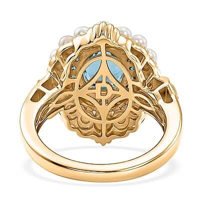 D'Joy AAA Larimar and Multi Gemstone 2.75 ctw Ocean Bloom Halo Ring in 18K Vermeil Yellow Gold Over Sterling Silver (Size 6.0)
