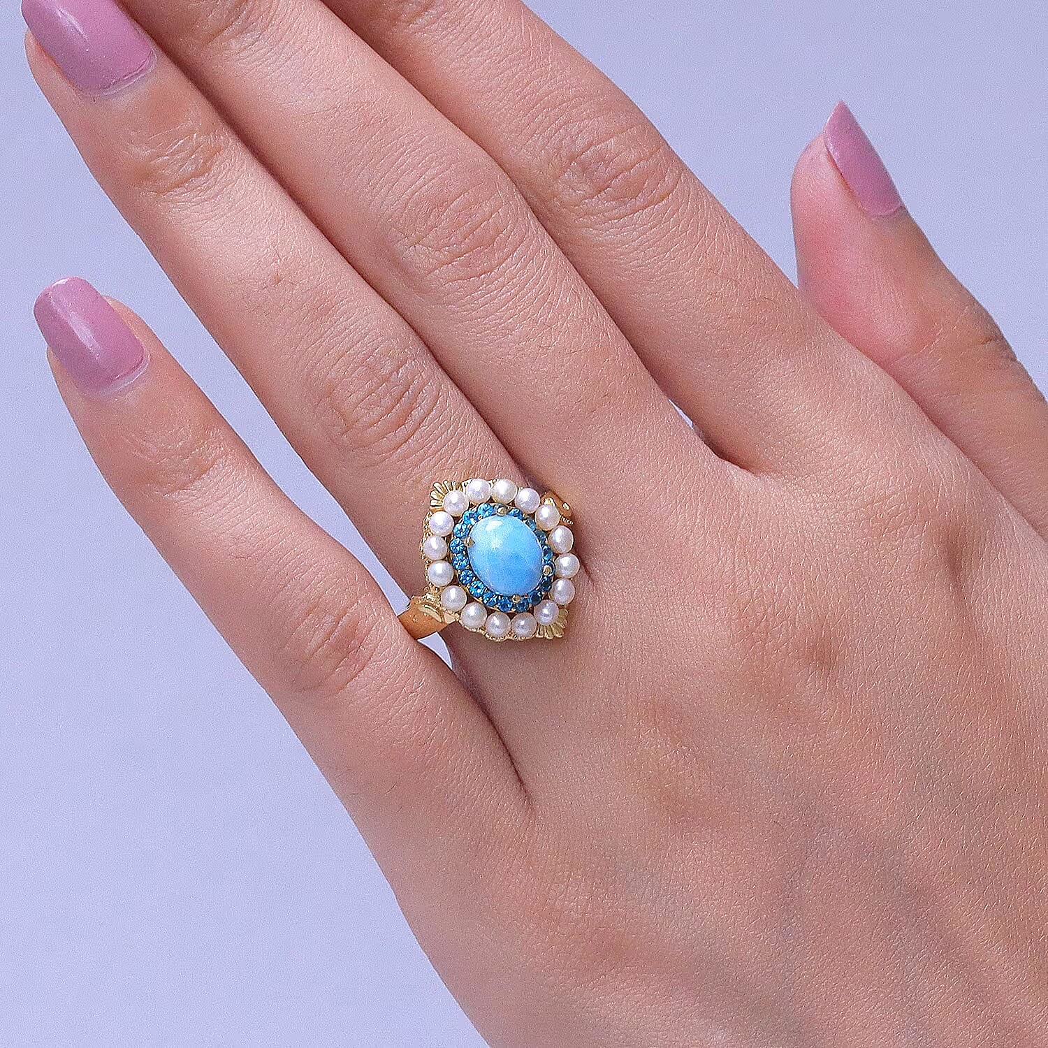 D'Joy AAA Larimar and Multi Gemstone 2.75 ctw Ocean Bloom Halo Ring in 18K Vermeil Yellow Gold Over Sterling Silver (Size 7.0)