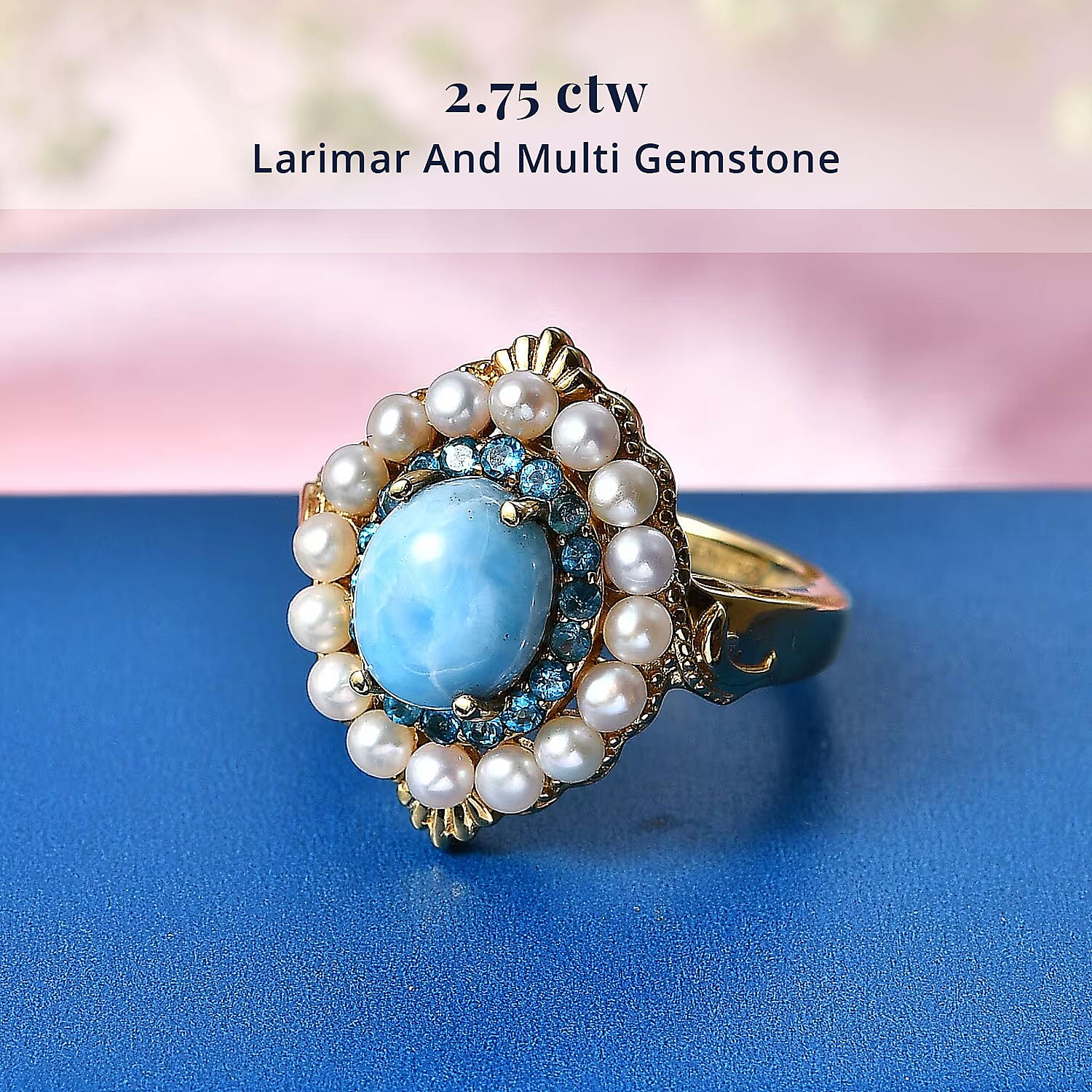 D'Joy AAA Larimar and Multi Gemstone 2.75 ctw Ocean Bloom Halo Ring in 18K Vermeil Yellow Gold Over Sterling Silver (Size 7.0)