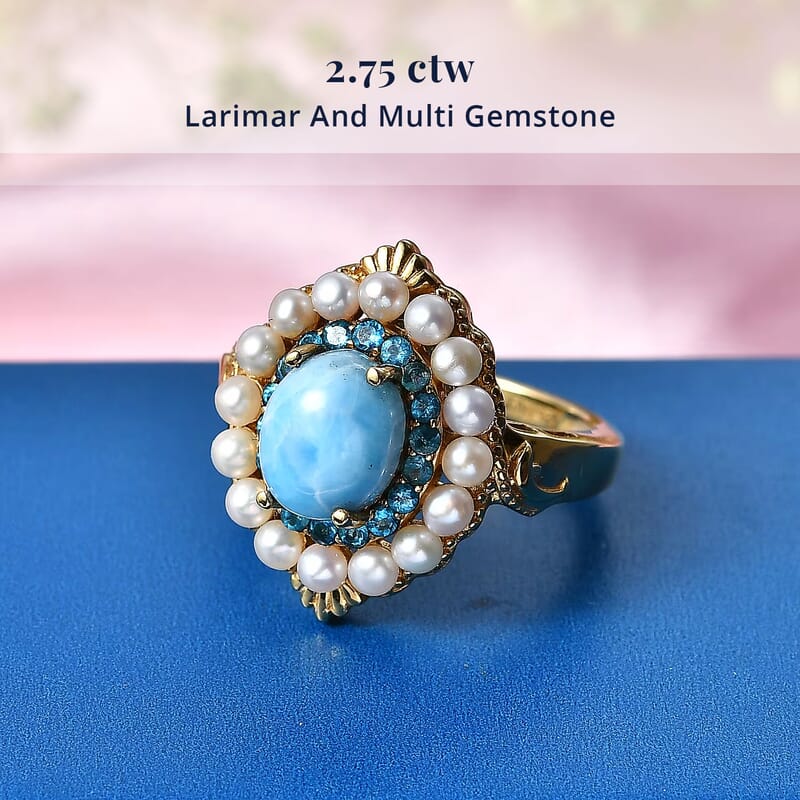 D'Joy AAA Larimar and Multi Gemstone 2.75 ctw Ocean Bloom Halo Ring in 18K Vermeil Yellow Gold Over Sterling Silver (Size 7.0)