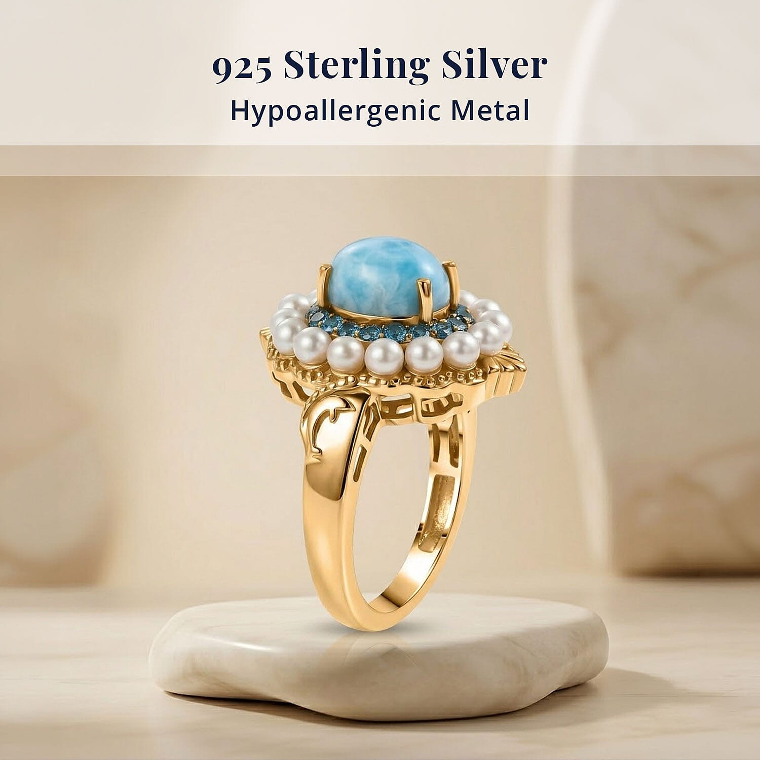D'Joy AAA Larimar and Multi Gemstone 2.75 ctw Ocean Bloom Halo Ring in 18K Vermeil Yellow Gold Over Sterling Silver (Size 7.0)