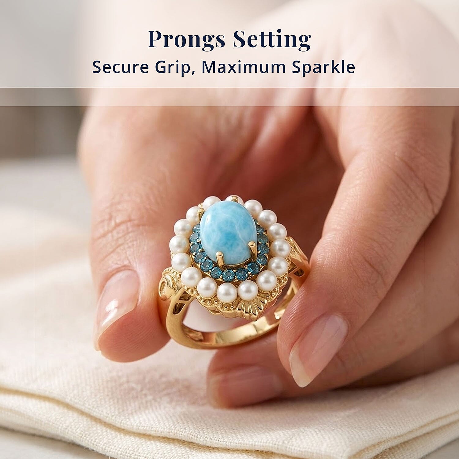 D'Joy AAA Larimar and Multi Gemstone 2.75 ctw Ocean Bloom Halo Ring in 18K Vermeil Yellow Gold Over Sterling Silver (Size 7.0)
