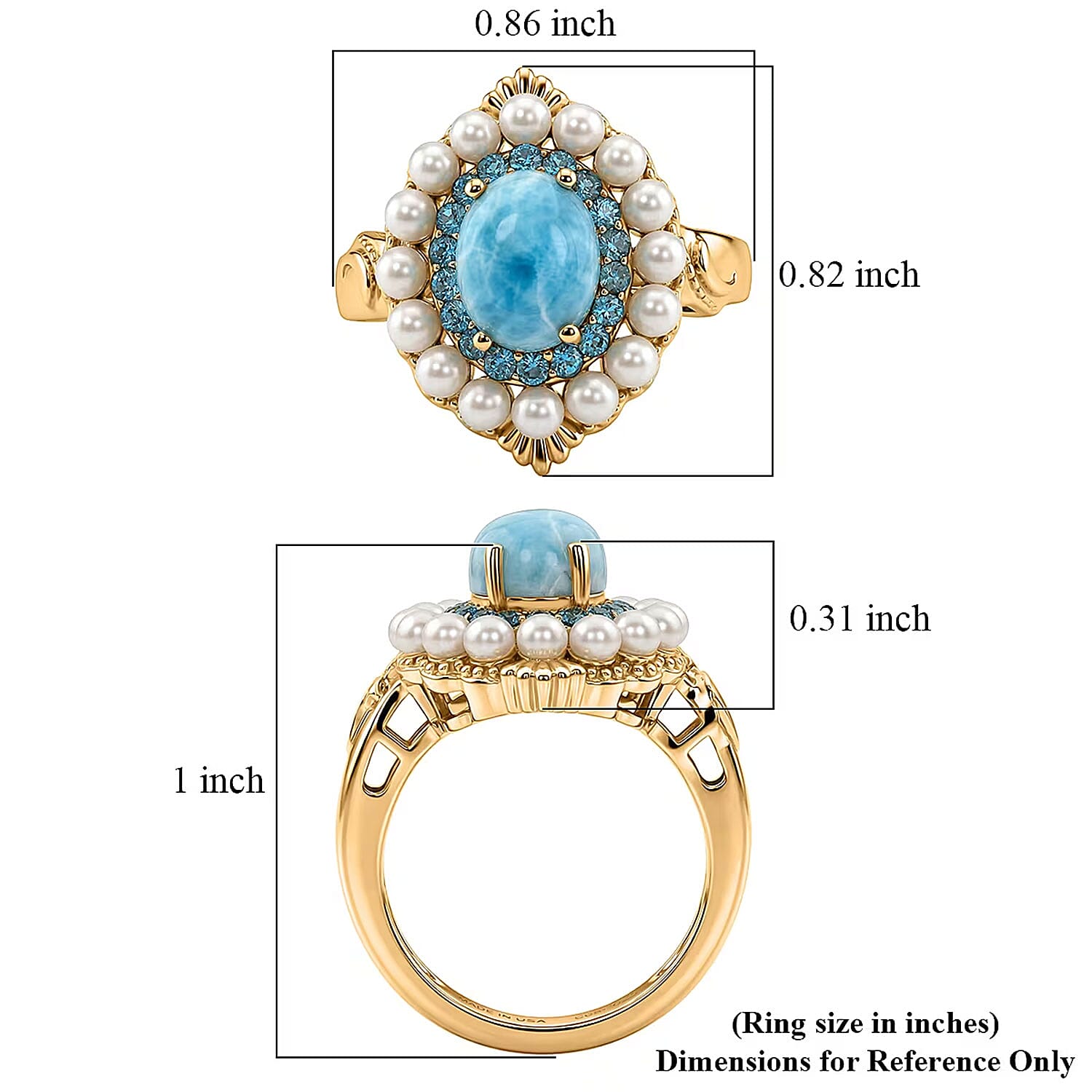 D'Joy AAA Larimar and Multi Gemstone 2.75 ctw Ocean Bloom Halo Ring in 18K Vermeil Yellow Gold Over Sterling Silver (Size 7.0)